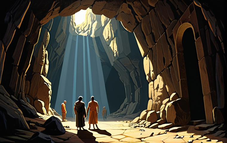 **Prompt:** A digital painting depicting Plato's Cave Allegory. Focus on contrasting the dark, shadowy interior of the cave with the vibrant, sunlit world outside. Include figures representing prisoners chained and watching shadows, and a figure venturing towards the light. The overall style should evoke a sense of enlightenment and discovery.