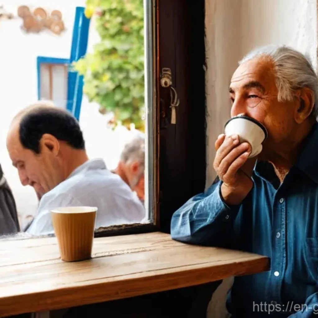그리스 커피 문화 - **Prompt 1: A Quintessential Greek Kafeneio Scene**
    "A vibrant, richly detailed photograph captu...