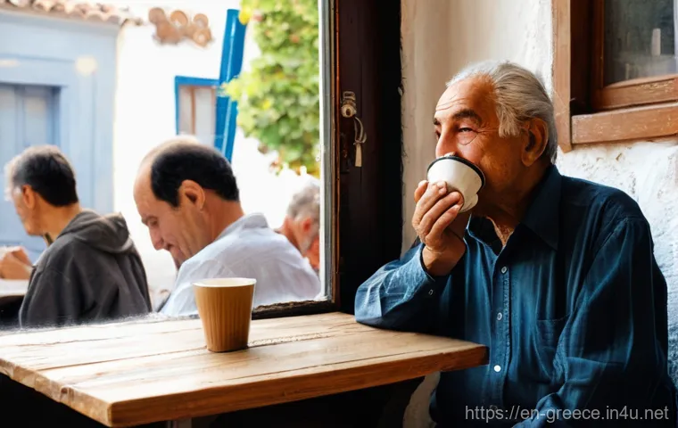 그리스 커피 문화 - **Prompt 1: A Quintessential Greek Kafeneio Scene**
    "A vibrant, richly detailed photograph captu...