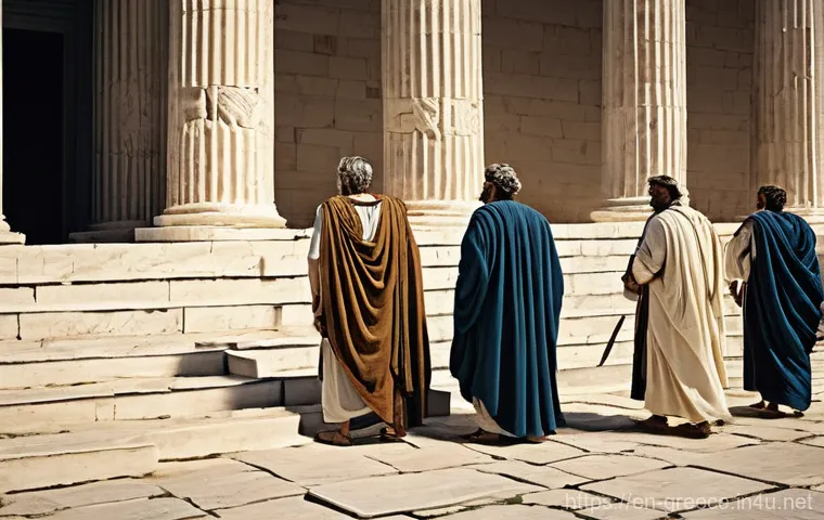 그리스 민주주의 탄생 - **A City on the Brink: Ancient Athenian Debt Crisis.**
    A somber, realistic depiction of ancient ...