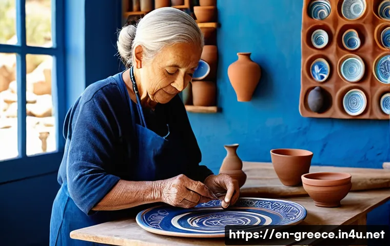 그리스 전통 공예와 기념품 - **Prompt for Hand-Painted Ceramics:**
"A skilled Greek artisan in a sun-drenched pottery studio ...