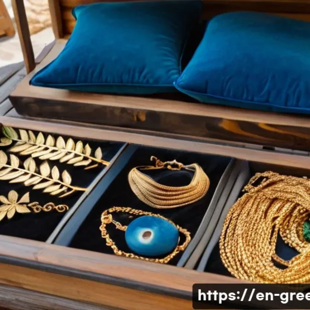 그리스 기념품 추천 리스트 - A close-up image of a handmade Greek jewelry display in a sunlit local market stall, featuring delic...