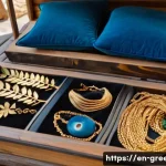 그리스 기념품 추천 리스트 - A close-up image of a handmade Greek jewelry display in a sunlit local market stall, featuring delic...