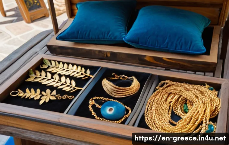 그리스 기념품 추천 리스트 - A close-up image of a handmade Greek jewelry display in a sunlit local market stall, featuring delic...