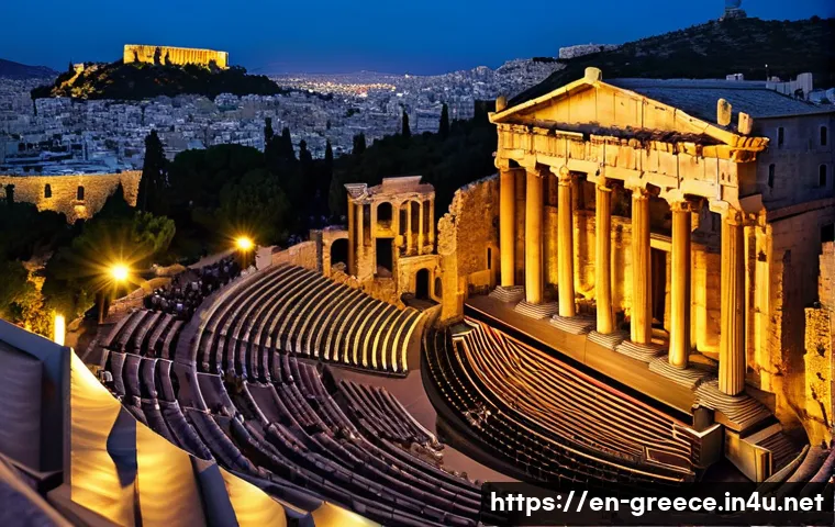 그리스에서 볼만한 오페라와 연극 - A breathtaking open-air scene of the Herodes Atticus Theater at night, nestled on the southwest slop...