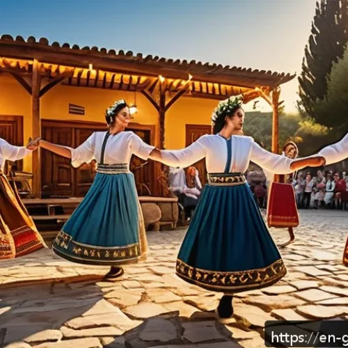 그리스 민속 춤과 음악 - A vibrant Greek village festival scene at sunset featuring a lively circle of dancers performing the...