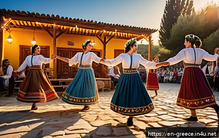 그리스 민속 춤과 음악 - A vibrant Greek village festival scene at sunset featuring a lively circle of dancers performing the...