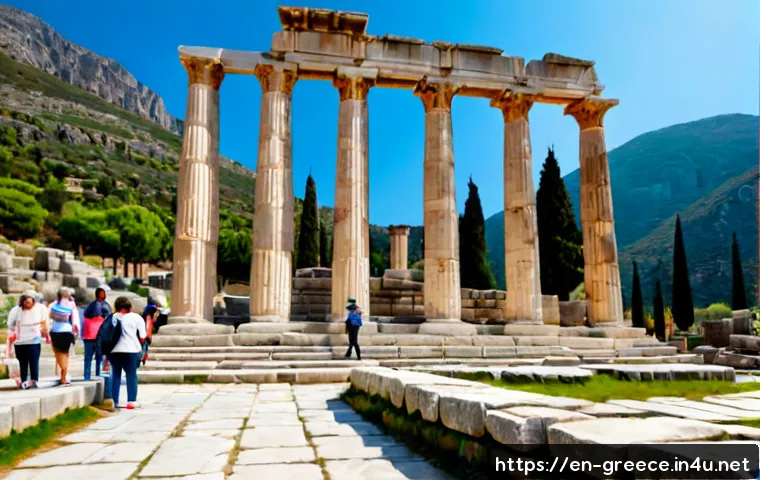 델피 유적지 방문 가이드 - Photorealistic wide-angle view of the ancient Sanctuary of Apollo at Delphi, Greece, with weathered ...