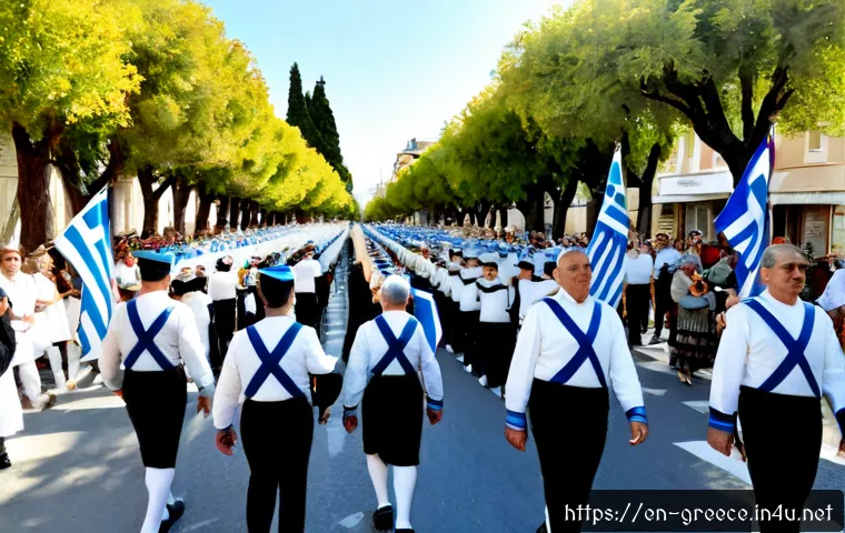 그리스 공휴일 및 축제 - Photorealistic Greek national holiday celebration in a sunlit Athens neighborhood, families and seni...
