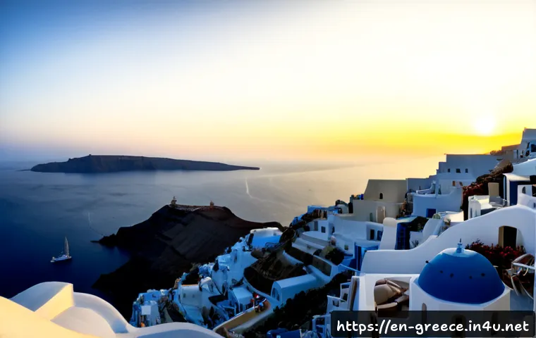 산토리니 역사와 관광 - Photorealistic sunrise panorama of Santorini, Greece, with whitewashed cliffside houses and cobalt-b...
